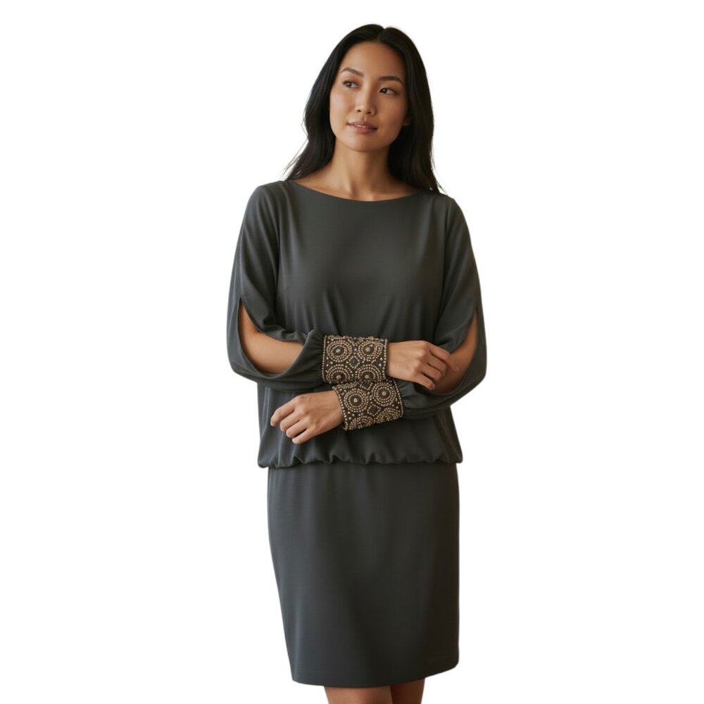 Xscape Dark Gray Split‎ Blouson Sleeve Embellished Cuff Dress